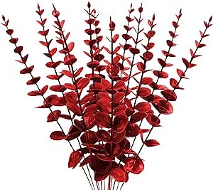 ABAJI Plastic Eucalyptus Wine Red Stems 12 PCS Fake Faux Decorations with Artificial Leaves Greenery Plant Leaf Suitable Home Office House Table Desk Decor Wedding Party Vase Forever Live