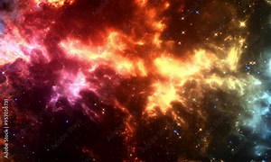 stunning depiction of a colorful nebula in outer space, showcasing vibrant hues of red, orange, yellow, and blue. The cosmic clouds of gas and dust are illuminated by distant stars