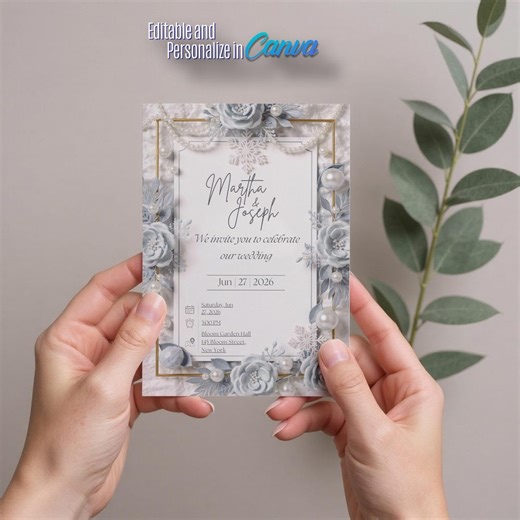 Winter Wedding Invitation Template, Snowflake Floral Frame, Elegant Pearl Blue (Digital Download)