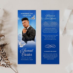 Memorial Bookmark Printable Template, Editable Canva Funeral Bookmark, Heavenly Blue Sky, in Loving Memory Bible Keepsake - Etsy