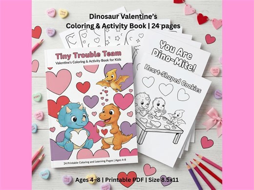 Dinosaur Coloring & Activity Valentine’s Pages for Kids Printable PDF | Ages 4-8 - Etsy