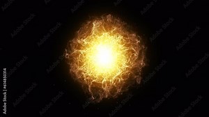 Yellow energy orb background animation. 3d abstract energy sphere ball with orange power rays on dark background. Nuclear energy, Big Bang, Supernova. Science, technology, innovations, Universe. 4k.