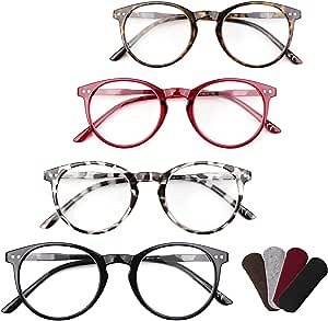 CARA Reading Glasses 4 Pack Round Frame Spring Hinge Computer Reader for Men and Women (1 Anti-blue Reading Glasses+3 Readers)