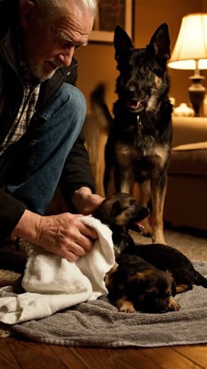 On a Stormy Night, a German Shepherd Mom Clings to Her Puppies… Then an Old Man Appears