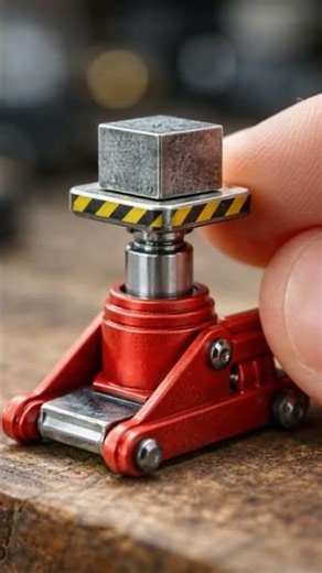 #miniature hydraulic jack lifting a small metal cube