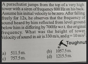 A parachutist jumps from the top of a very high tower with a si... | Filo