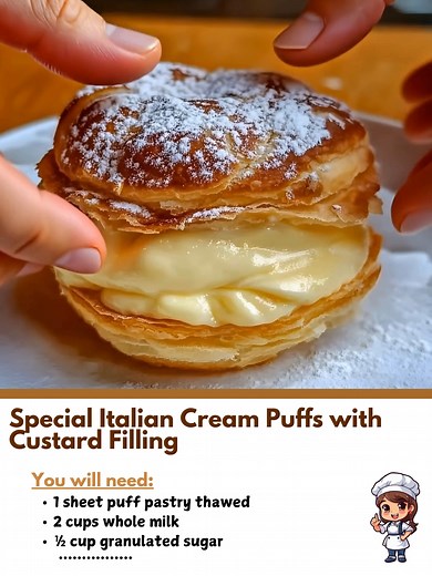 Special 🌴 Italian Cream Puffs with Custard Filling Ingredients: 1 sheet puff pastry, thawed Powdered sugar, for dusting Custard Filling: 2 cups whole milk 🌖 | Homey Recipes