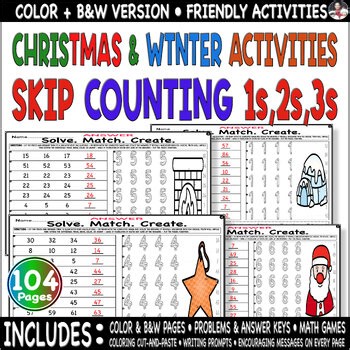 Christmas Winter Skip counting 1s 2s 3s Tracing 1-9 Draw Color Games cut paste.