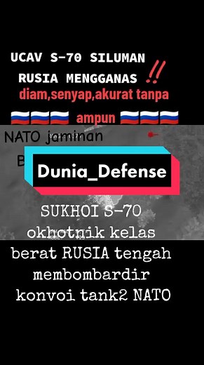 Sukhoi S-70 Okhotnik(juga disebut sebagai Hunter-B),adalah kendaraan udara tempur tak berawak berat siluman Rusia ( UCAV) dikembangkan oleh Sukhoi dan Russian Aircraft Corporation MiG sebagai pesawat generasi keenam .Drone ini didasarkan pada Mikoyan Skat sebelumnya , dirancang oleh MiG ,dan mencakup beberapa teknologi generasi kelima Pesawat tempur Sukhoi Su-57 .Di masa depan, direncanakan untuk bertindak di bawah kendali pilot jet Su-57, mirip dengan program USAF Skyborg . #dunia_defense🇮🇩 #