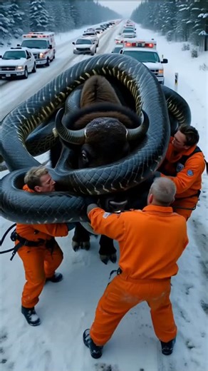 MGTC Farming on Instagram: "Giant Python Strangles a Bison — Rescuers Try to Pull It Off! #wildliferescue #viralreels #instagood"