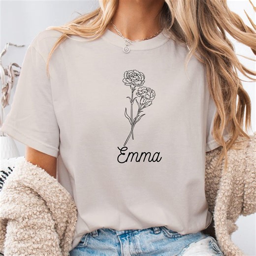 Personalized Birth Flower Shirt, Minimalist Carnation Line Art Tee - Etsy