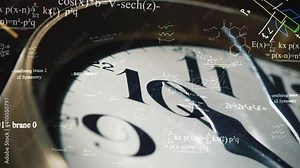 Close-up of face of clock with formulas, equations, and math symbols digitally superimposed. Time flies with learning for an exam.