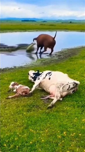 The bull plunges its horn into the anaconda's mouth