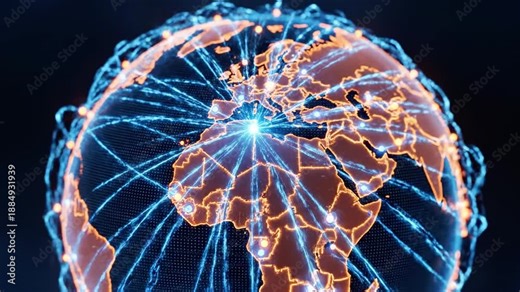 A digital illustration of a globe with glowing orange and blue lines connecting various points across the world, representing global connections and networks