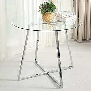WENYU Round Glass Dining Table - Modern Dining Room Table with Tempered Glass Top and Chrome Legs, Kitchen Table End Table Leisure Tea Coffee Table for Living Room, Bar, Pub
