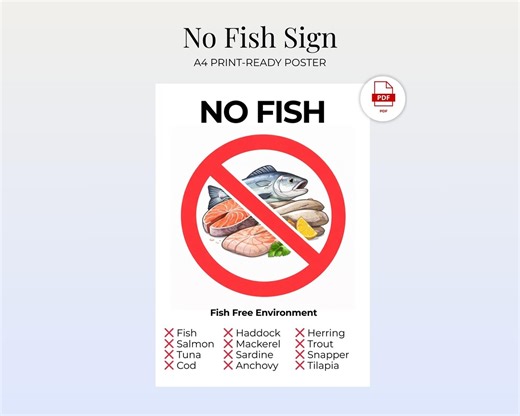 No Fish Sign Printable A4 | Fish Free Environment Poster | Fish Allergy Warning Sign for Home, Office & Shared Spaces | PDF - Etsy UK
