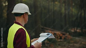 The leader of the logging team, protected in a safety helmet and vest, focuses on keeping a log of the work performed, recording data. Principle of sustainable use of forest resources