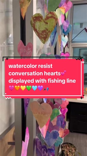 another fishing line display, this time with conversation watercolor hearts... tape the length of fishing line on a surface place the pieces, then add a dot of hot glue... then hang *I like to knot the end of the fishing line with a loop, then stick a piece of teachers tape within the loop on a ceiling a few inches from a wall... #art #fishingline #❤️