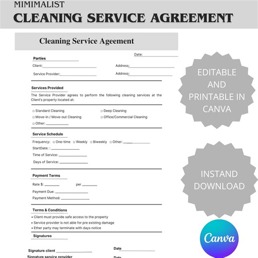 Minimalist Cleaning Service Contract Template, House Cleaning Agreement (canva Download) - Etsy