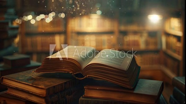 stack of books with the library in the background. World Book Day.