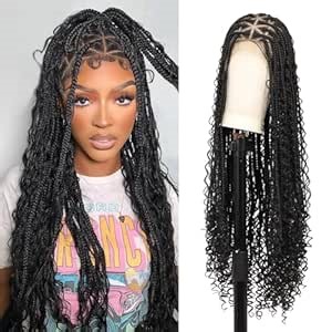 13x8'' HD Lace Front Boho Braided Wigs Knotless Braided Wigs for Black Women Box Braid Wig Premium Synthetic Boho Braided Lace Front Box Braided Wig, Natural Black 36 Inch