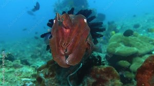 Beautiful coloured cuttlefish swimming at camera in tropical coral reef, closeup Stock Video