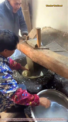 Traditional Rice Cake Production: Manual Pedal Threshing and Artisanal Dough Kneading Techniques