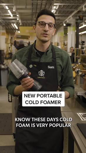 Latest in innovation: the New Portable Cold Foamer! Developed in under a year, the PCF is a key example of our Reinvention and partner co-creation work. Partners have been requesting a solution to growing cold foam orders on both hot and cold bar, so we’ve created the PCF which makes 150 cold foam beverages on a single charge. Rolling into all stores by June, starting now. Keep watching to see how shift supervisor Sam uses it to move freely while building beverages. #ToBeAPartner #Starbucks #Cof