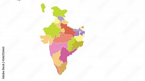 Animated map of India showing administrative regions. India map with color federal states appearing and fading one by one. Detailed political country map with divisions. 4K resolution