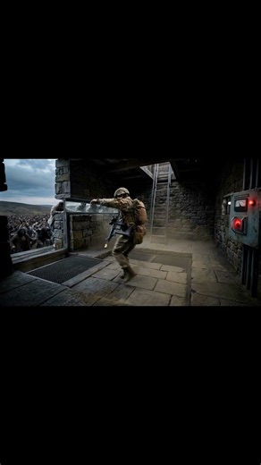 Soldier Runs From Zombies Into an Underground Bunker in a watchtower
