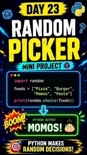 📘 Day 23 Learning Python: Random Picker 🎲🔥 | Python Mini Project #Python #LearnPython #Coding