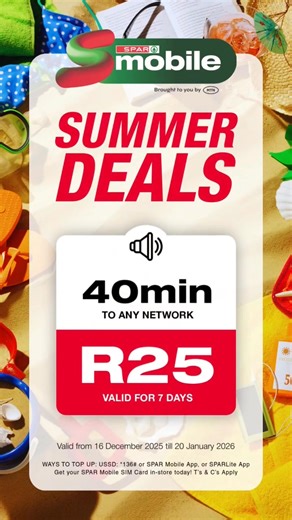 SPAR Mobile Summer Data and Voice Deals 😎☀️ Stay connected and keep talking all summer with anytime data and affordable minutes to any network. Top up via *136#, the SPAR Mobile App, SPARLite App, or at your SPAR till point. Deals available 16 Dec – 20 Jan 2026 only. #SummerDeals #SPARMobile URL: http://spklr.io/6183BsIgU | SPAR Stephenson Street