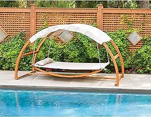 Leisure Season SBWC402 Swing Bed With Canopy - Brown - 1 Piece - 2-Person Covered Hammock With Wooden Stand - Outdoor Daybed, Furniture For Lawn, Patio, Poolside, Deck, Garden, Backyard - Adjustable