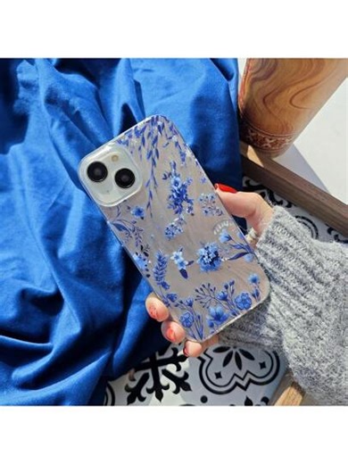 1 pieza Funda de teléfono suave de TPU con estampado floral azul vintage, patrón de plumas degradado elegante, estilo de arte láser brillante de lujo, compatible con Apple/OPPO/VIVO/Honor/Redmi/Transsion Smartphones, versión internacional, no la versión nacional | SHEIN