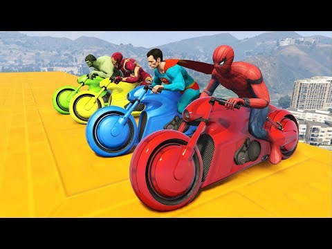 AVENGERS ARMY RACING MOTORCYCLES Challenge with Superheróis Batman,Iron Man Jump Rampa - GTA 5