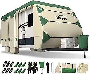 Travel Trailer Cover 27-30ft, DikaSun 600D Oxford Ripstop RV Cover Breathable Anti-UV Waterproof Windproof Camper Cover with Tire Cover, Tongue Jack Cover, Gutter Cover and Extra Long Straps