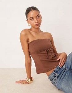 ASOS DESIGN jersey twill tie waist bandeau top in brown | ASOS
