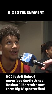 In a postgame interview after Iowa State's loss today, KCCI sports reporter Jeff Dubrof mentioned a stat that surprised Cyclones guard Curtis Jones and teammate Keshon Gilbert (background). That stat: Jones scored a team-high 31 points on 7 3-pointers, including 22 points in a stretch of just over 5 minutes late in the first half. Full story: https://t.ly/bjSwi | KCCI