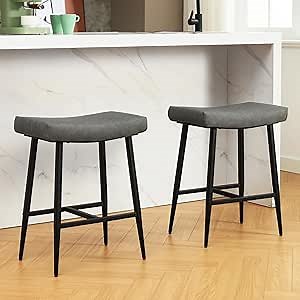 AQO 24 Inch Bar Stools Counter Height Set of 2 PU Leather Saddle Soft Cushion Seat for 34"-40" Counter Island Backless Modern Upholstered Stools for Kitchen Counter Farmhouse, Grey
