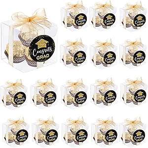 100 Set Graduation Clear Favor Boxes with Congrats Grad Labels Stickers 2 x 2 x 2 Inches Small Candy Containers Transparent Gift Boxes for Graduation Party Supply Candy Chocolate Macaron Packaging