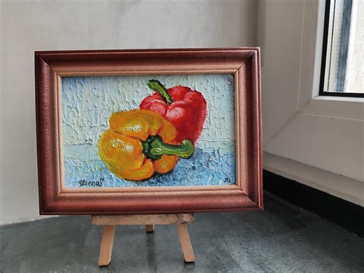 Peinture à l'huile originale de poivrons rouges et jaunes nature morte nourriture art cuisine décoration murale ferme moderne petite peinture art empâtement - Etsy France