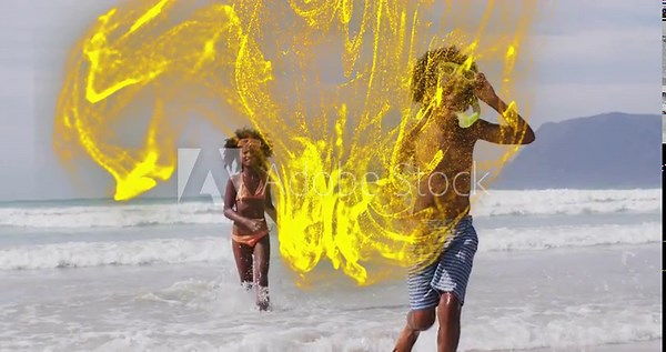 Yellow swirl appearing, growing, flowing and wrapping around two kids running to shore, playing