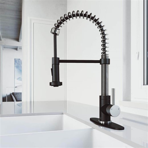 Check The Home Depot's Q&A Before Buying: VIGO Edison Single Handle Pull-Down Sprayer Kitchen Faucet Set with Deck Plate in Stainless Steel and Matte Black