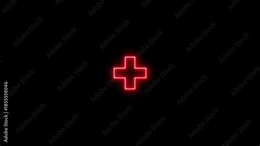 Abstract neon medical cross icon animation, neon plus sign icon, medical check up plus icon.