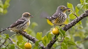 Female Adult Yellow rumped Warbler feeds Fledgling. The yellow-rumped warbler is a regular North American bird species that can be commonly observed all across the continent