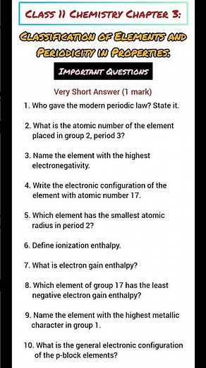 class 11 chemistry chapter 3 classification of elements and periodicity in properties #impquestions