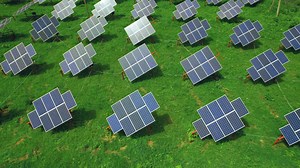 Solar power generation technology. Solar battery panel modules. Concept of renewable sun energy, future technology.