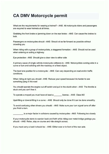 Latest CA DMV Motorcycle permit Exam Questions With Completed Verified Solutions46 video