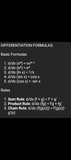 Differentiation formulas #shorts #foryou #algebra #maths #comments