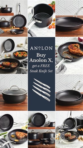 For a limited time only get a FREE Stainless Steel Steak Knife Set when you purchase an Anolon X Cookware Set or Twin Pack! Hearty food season is here. X is ready, and so are your free knives. 🔪🍂 | Anolon